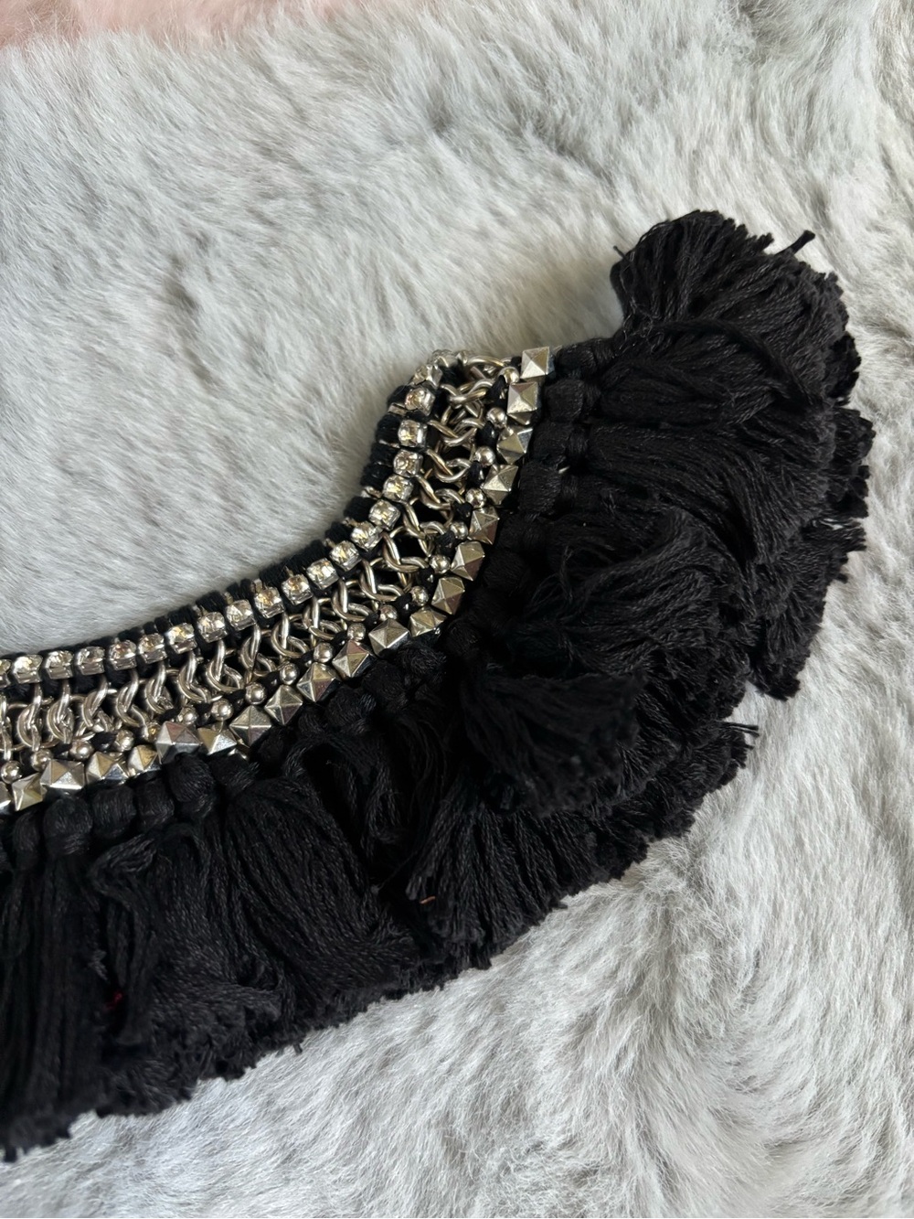 Harlow anthro black tassel fringe rhinestone metal choker necklace